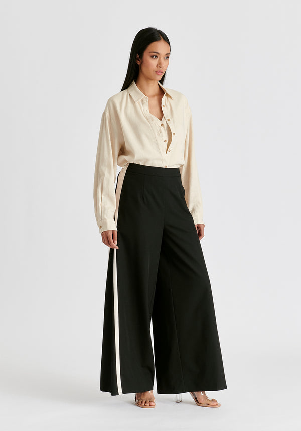 Contrast Trim Wide Leg Trousers in Black and Beige Side